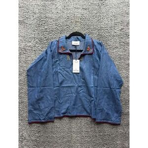 NWT Monoki by Diane Goldstein Poppy Embroidered Shirt Denim Blue Womens One Size